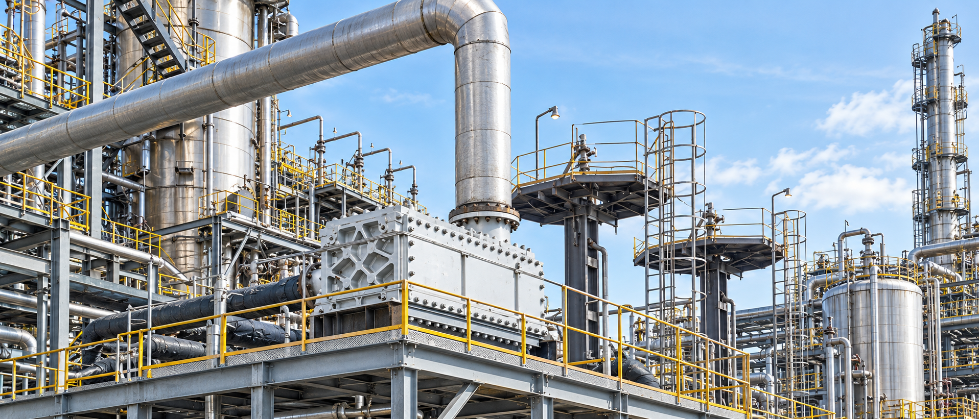 Welded block heat exchanger installed among industrial process piping