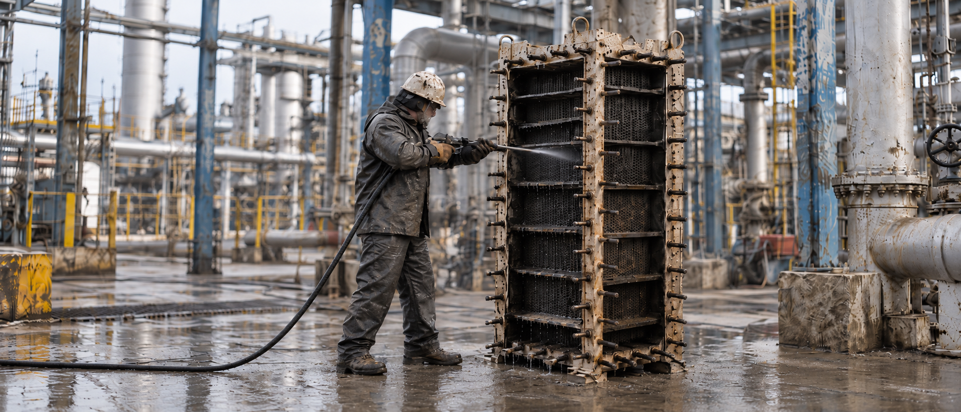 Cleaning an opened welded block heat exchanger