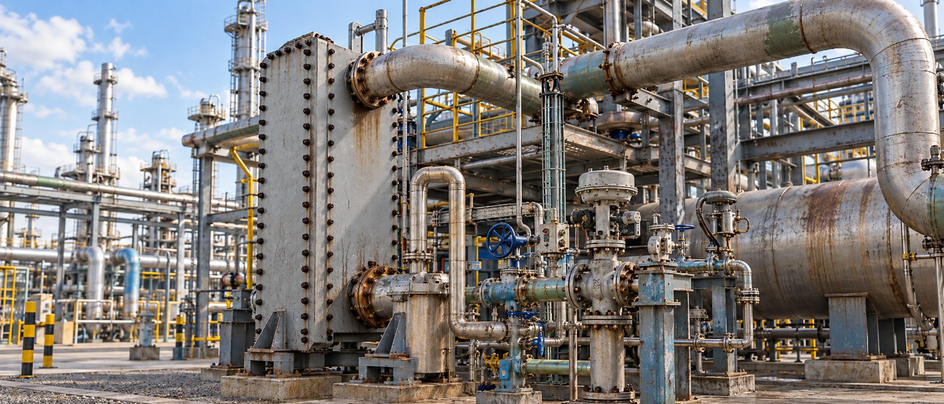 Welded block heat exchanger and process piping in an industrial installation